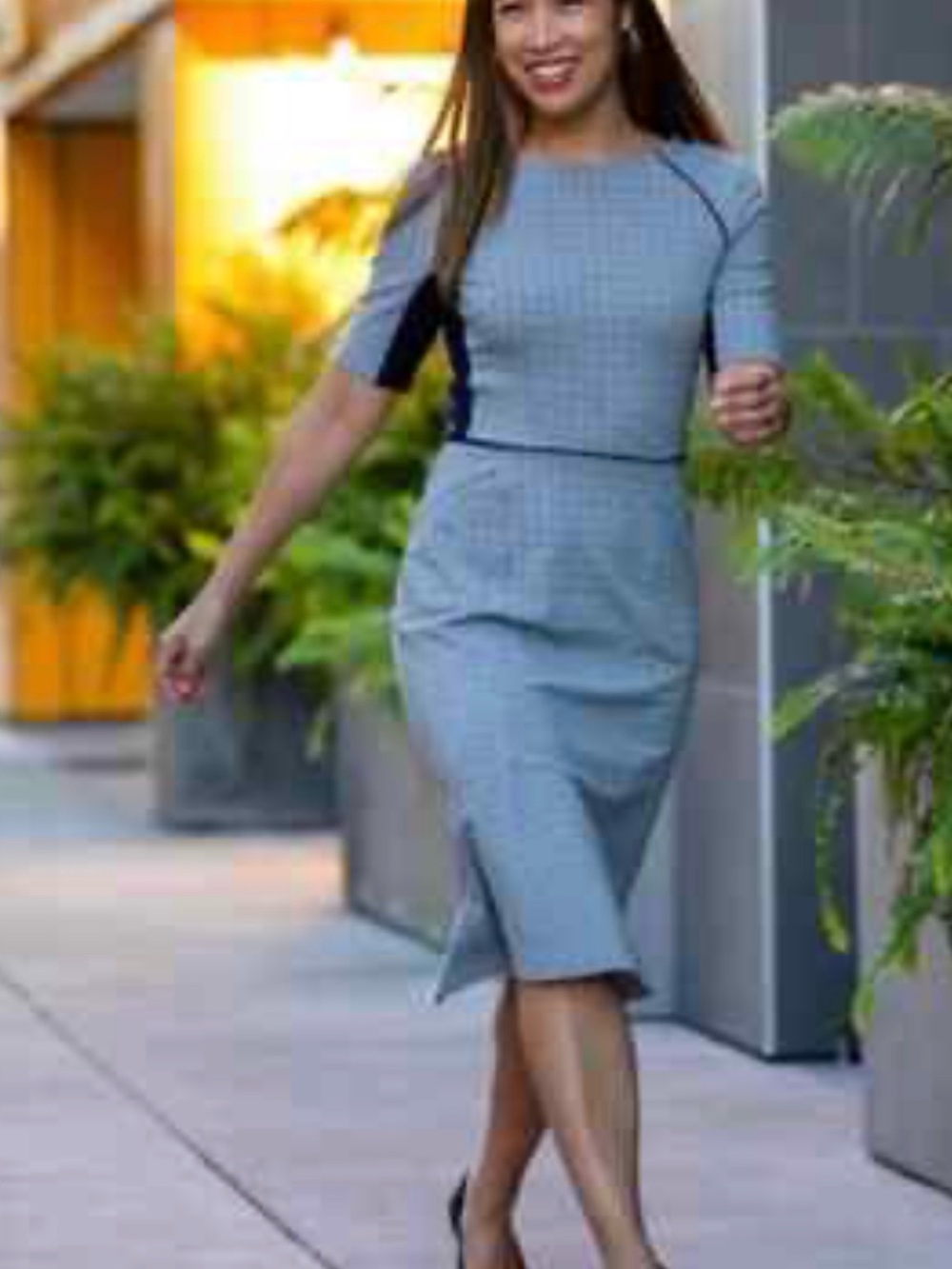 Betabrand Gray Check Sheath Dress with Black Trim